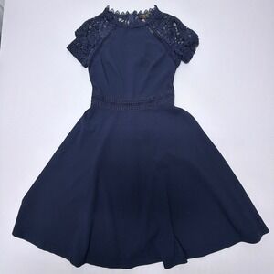Missmay Navy Blue Lace Mock Neck Fit and Flare Skater Dress Small